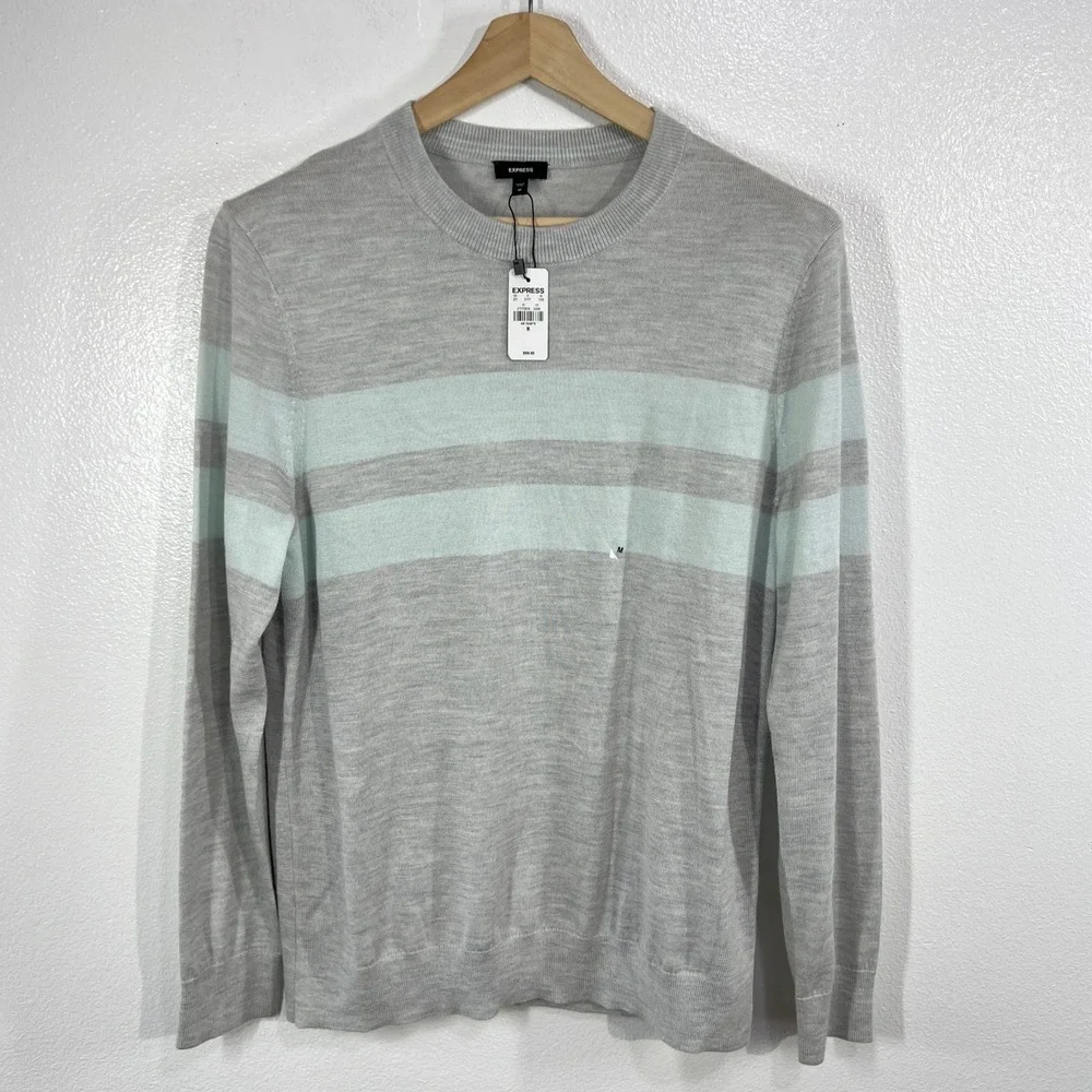 Express Men Striped Crew Neck Sweater Light‎ Gray Aqua Size Medium M Wool Blend